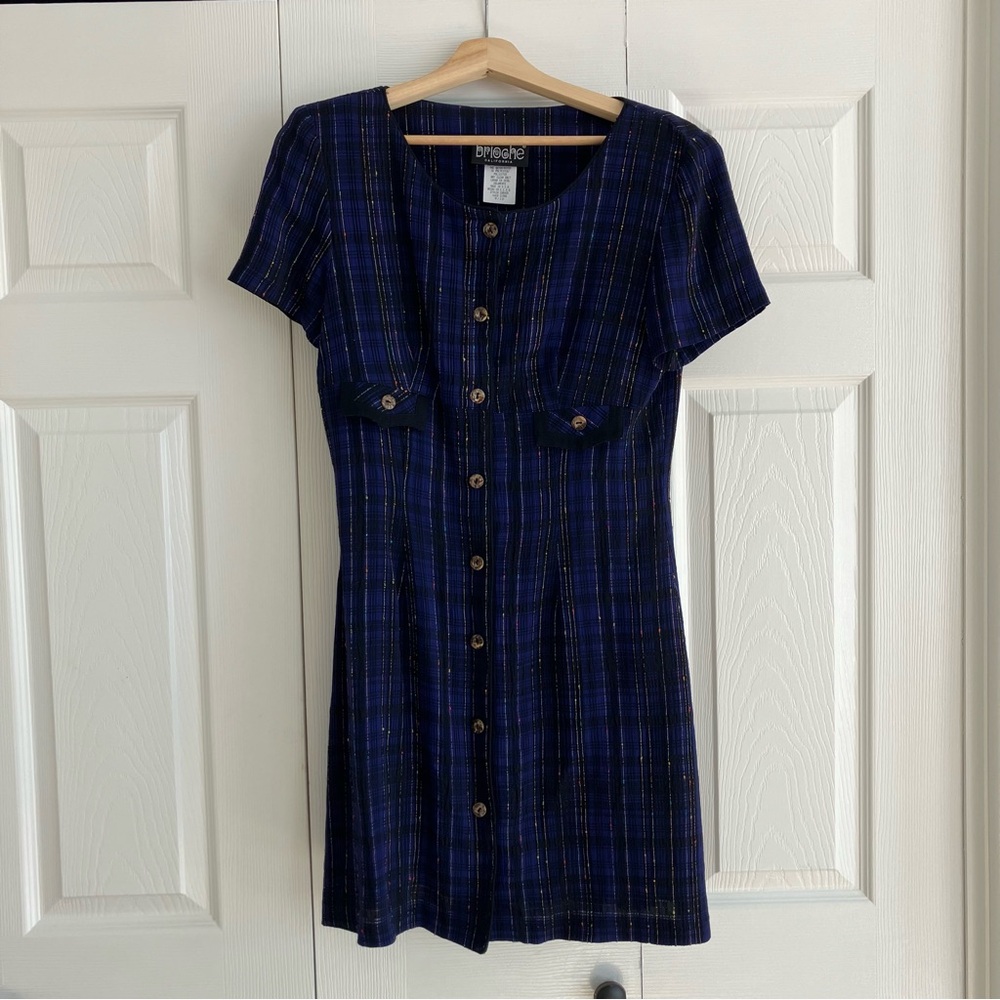 Vintage 80s Navy Plaid Button Mini Dress w/ Shoulder Pads Size 10 Preppy